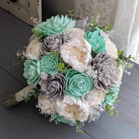 Mint, Light Gray, and Ivory Bouquet with Baby's Breath and Spiral Eucalyptus