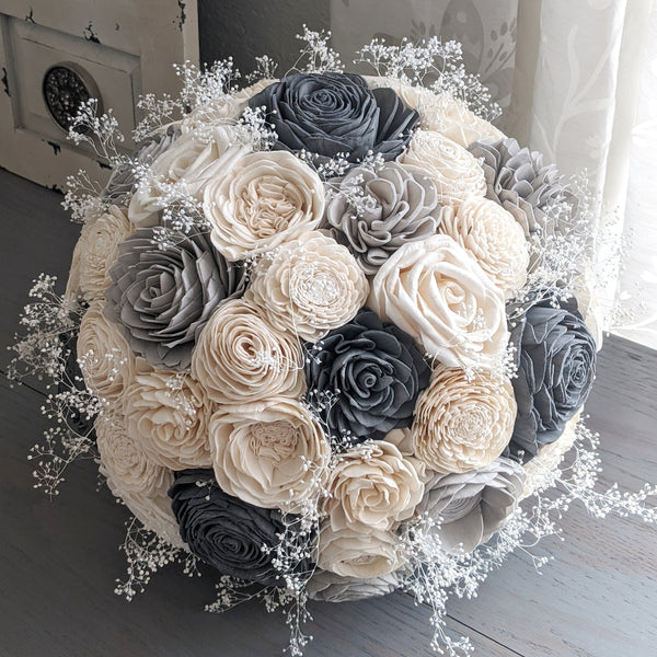 Charcoal, Light Gray, and Ivory Bouquet with Baby's Breath