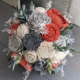 Burnt Orange, Charcoal, Light Gray, and Ivory Bouquet with Baby's Breath and Greenery