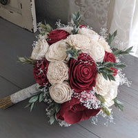 Wine and Ivory Bouquet with Baby's Breath and Greenery