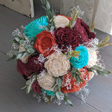Burnt Orange, Burgundy, Teal Green, and Ivory Bouquet with Baby's Breath and Greenery