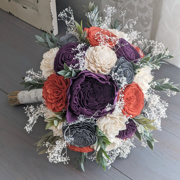 Plum, Burnt Orange, Charcoal, and Ivory Bouquet with Baby's Breath and Greenery