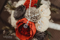 Burnt Orange, Charcoal, Light Gray, and Ivory Bouquet with Baby's Breath and Greenery