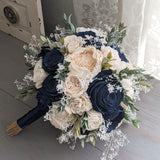 Navy and Ivory Bouquet with Baby's Breath and Greenery