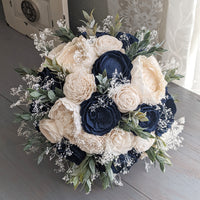 Navy and Ivory Bouquet with Baby's Breath and Greenery