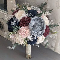 Dusty Blue, Navy, Burgundy, Blush, and Ivory Bouquet with Baby's Breath and Greenery