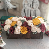 Jacobean Centerpiece Box with Burgundy, Mustard, and Ivory Flowers, with Greenery