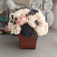 Wood Grain Look Centerpiece Box with Navy, Peachy Pink, and Ivory Flowers, with Blue Berries
