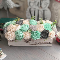 Whitewash Electric Current Burned Centerpiece Box with Mint, Charcoal, Light Gray, and Ivory Flowers with Spiral Eucalyptus