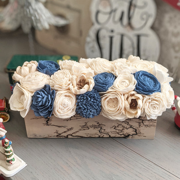 Light Brown Electric Current Burned Centerpiece Box with Steel Blue and Ivory Flowers