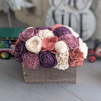 Railroad Tie Centerpiece Box with Plum, Dark Coral, Mauve, and Ivory Flowers