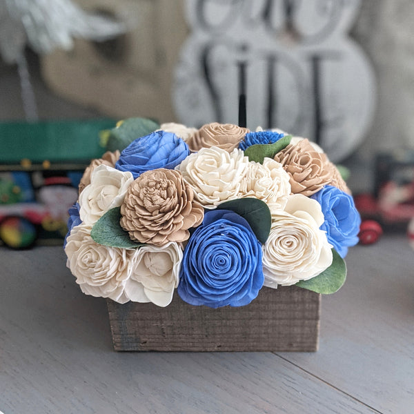 Railroad Tie Centerpiece Box with Light Royal Blue, Nude, and Ivory Flowers with Eucalyptus