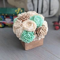 Mini Wood Centerpiece Box with Mint, Natural, and Ivory Flowers