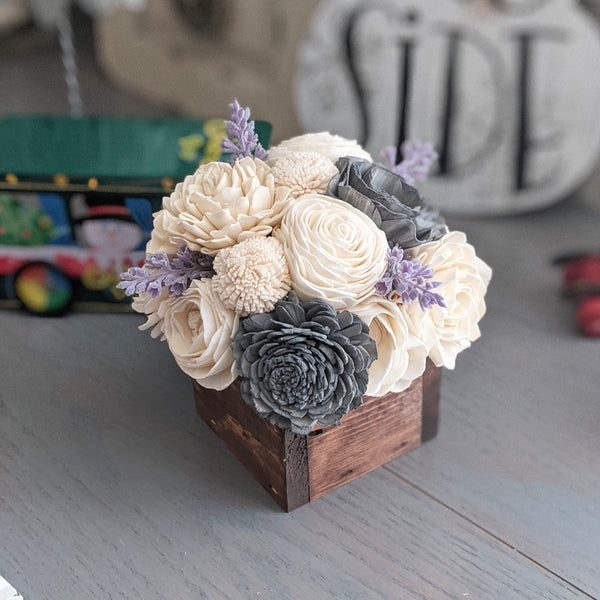 Mini Wood Centerpiece Box with Charcoal and Ivory Flowers with Lavender