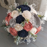 Navy, Light Gray, Dark Coral, and Ivory Bouquet with Baby's Breath and Greenery