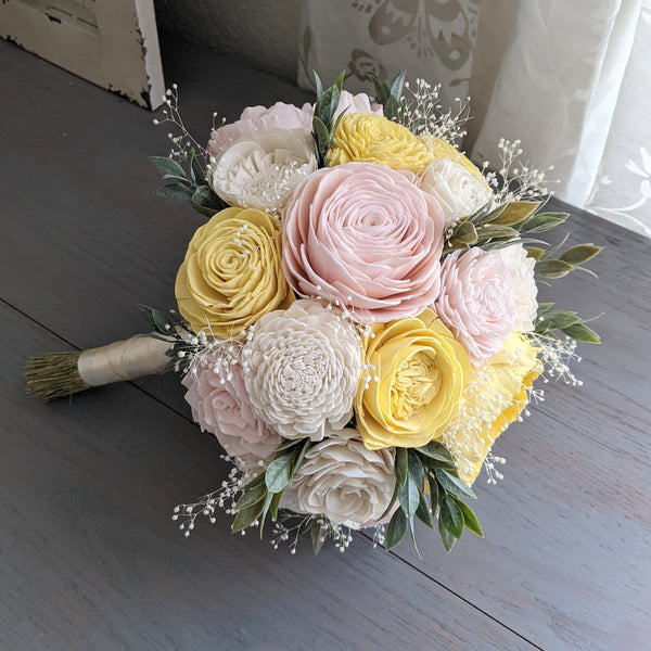 Light Yellow, Blush, and Ivory Bouquet with Baby's Breath and Greenery