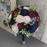 Navy, Burgundy, and Ivory Bouquet with Baby's Breath and Greenery