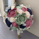 Sage, Navy, Pinkish Mauve and Ivory Bouquet with Baby's Breath and Greenery