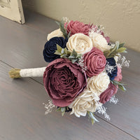 Pinkish Mauve, Navy, Mauve, and Ivory Bouquet with Baby's Breath and Greenery