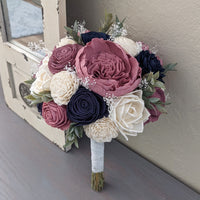 Pinkish Mauve, Navy, Mauve, and Ivory Bouquet with Baby's Breath and Greenery