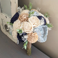 Navy, Nude, and Ivory Bouquet with Baby's Breath and Greenery