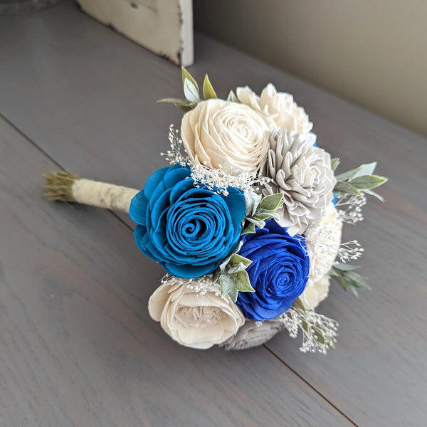 Royal Blue, Light Gray, Teal, and Ivory Bouquet with Baby's Breath and Greenery