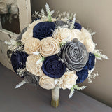 Navy, Charcoal, and Ivory Bouquet with White Lavender and Baby's Breath