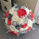 Charcoal, Light Gray, Bright Coral, and Ivory Bouquet with Baby's Breath