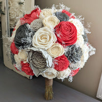 Charcoal, Light Gray, Bright Coral, and Ivory Bouquet with Baby's Breath