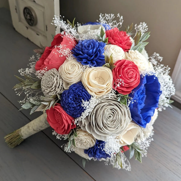Royal Blue, Light Gray, Bright Coral, and Ivory Bouquet with Baby's Breath and Greenery