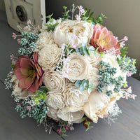 Peachy Pink Succulents and Ivory Flowers Bouquet with Eucalyptus and Mixed Greenery