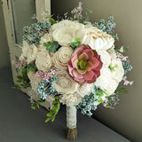 Peachy Pink Succulents and Ivory Flowers Bouquet with Eucalyptus and Mixed Greenery