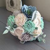 Blue Succulent with Mint, Light Gray, and Ivory Flowers Bouquet with Lambs Ear and Mixed Greenery