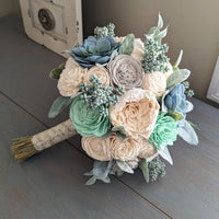 Blue Succulents with Mint, Light Gray, and Ivory Flowers Bouquet with Lambs Ear and Mixed Greenery