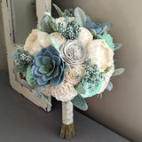 Blue Succulents with Mint, Light Gray, and Ivory Flowers Bouquet with Lambs Ear and Mixed Greenery