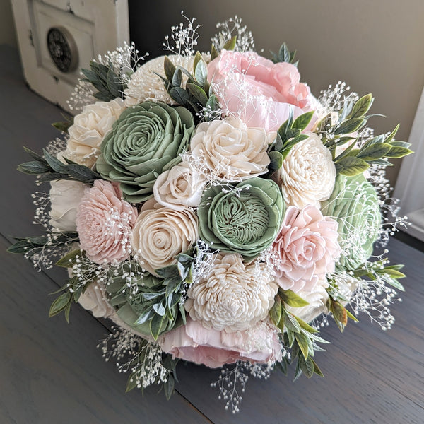 Sage, Blush, and Ivory Bouquet with Baby's Breath and Greenery