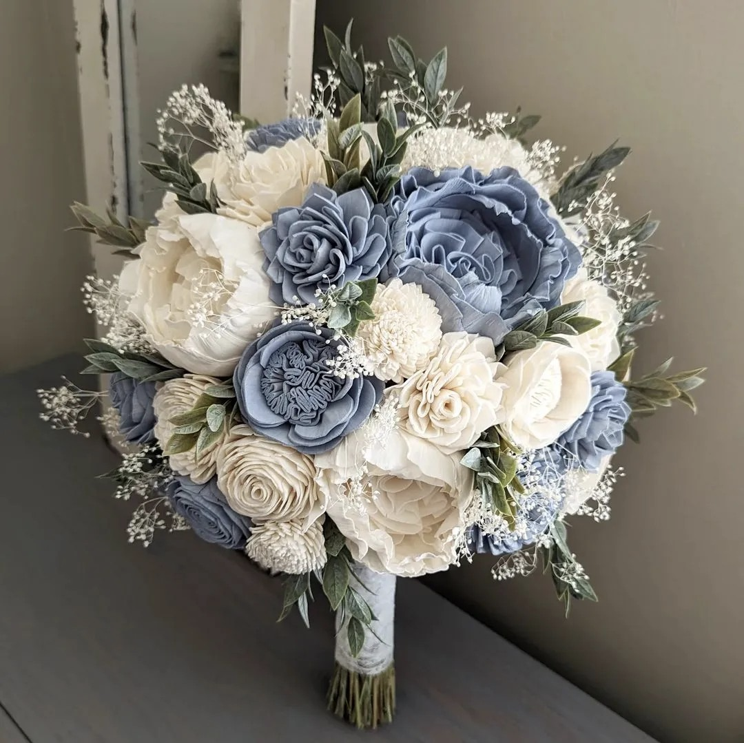 Dusty Blue and Ivory Bouquet with Baby's Breath and Greenery ...