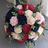 Wine, Navy, Blush, and Ivory Bouquet with Mixed Greenery