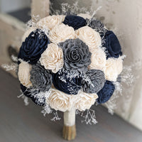 Navy, Charcoal, and Ivory Bouquet with Baby's Breath