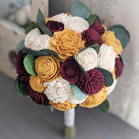 Burgundy, Mustard, and Ivory Bouquet with Silver Dollar Eucalyptus