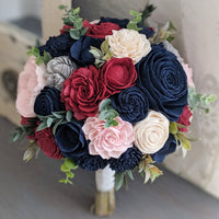 Wine and Navy with Light Gray, Blush, and Ivory Accents Bouquet with Mixed Greenery