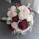 Wine, Blush, and Ivory Bouquet with Baby's Breath and Spiral Eucalyptus