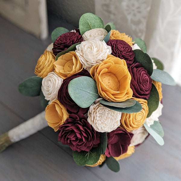 Burgundy, Mustard, and Ivory Bouquet with Silver Dollar Eucalyptus
