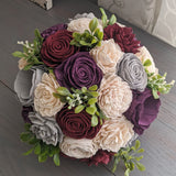 Plum, Burgundy, Light Gray, and Ivory Bouquet with Greenery