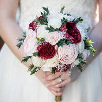 Wine, Blush, and Ivory Bouquet with Baby's Breath and Greenery