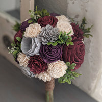 Plum, Burgundy, Light Gray, and Ivory Bouquet with Greenery