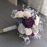 Plum, Charcoal, Light Gray, and Ivory Bouquet with Baby's Breath