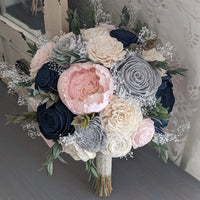 Navy, Blush, Light Gray, and Ivory Bouquet with Baby's Breath and Greenery