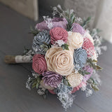 Pinkish Mauve, Dusty Blue, Lilac, and Ivory Bouquet with Baby's Breath and Greenery