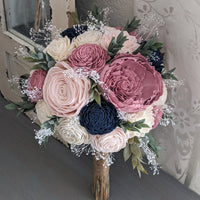 Blush, Pinkish Mauve, and Ivory with Navy Accents Bouquet with Baby's Breath and Greenery